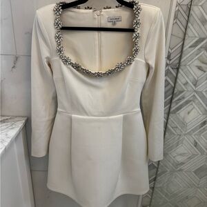 NADINE MERABI Ivory Long Sleeve Mini Dress with Jewel Trim